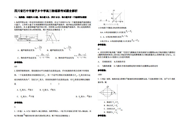 四川省巴中市磨子乡中学高三物理联考试题带解析