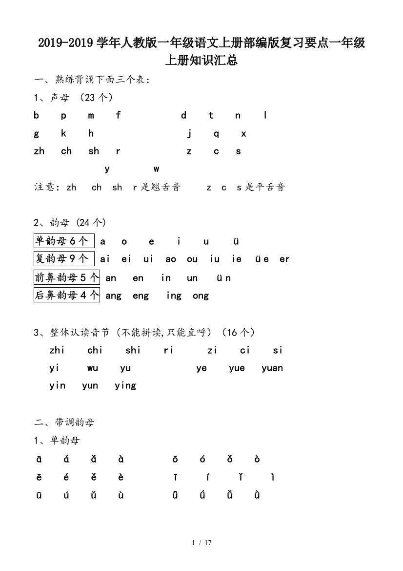 2019-2019学年人教版一年级语文上册部编版复习要点一年级上册知识汇总