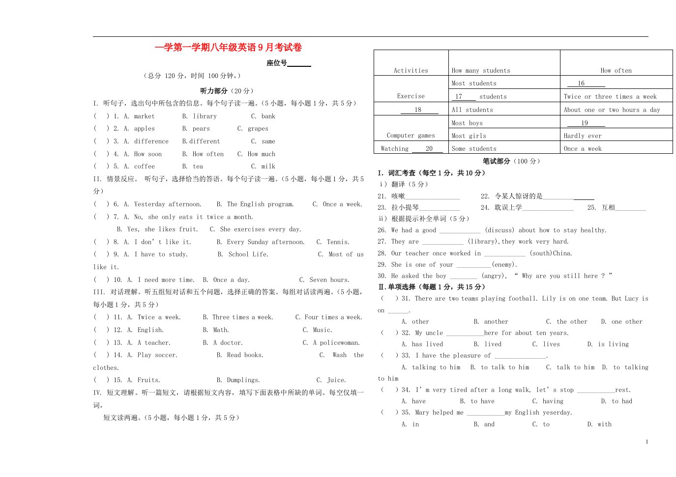 甘肃省白银五中八级英语上学期9月月考试题（无答案）