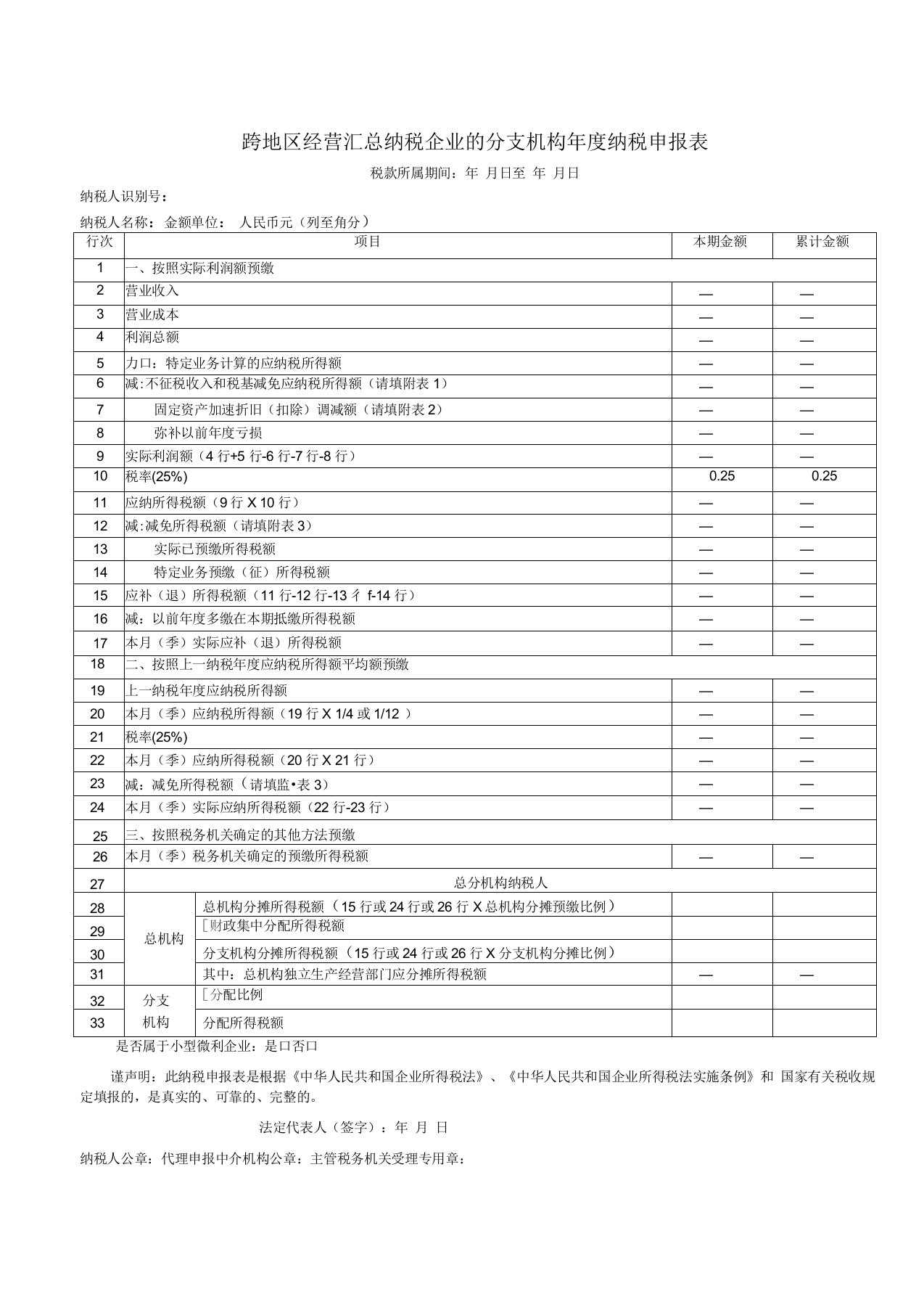 跨地区经营汇总纳税企业的分支机构年度纳税申报表