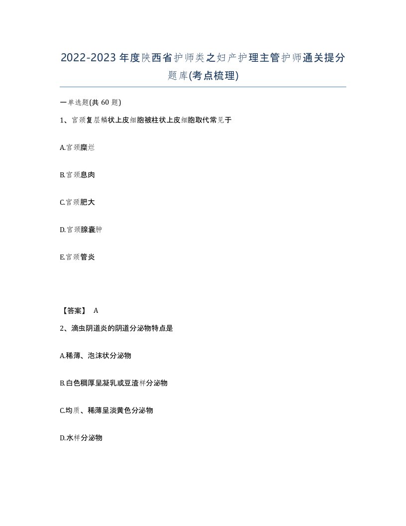 2022-2023年度陕西省护师类之妇产护理主管护师通关提分题库考点梳理