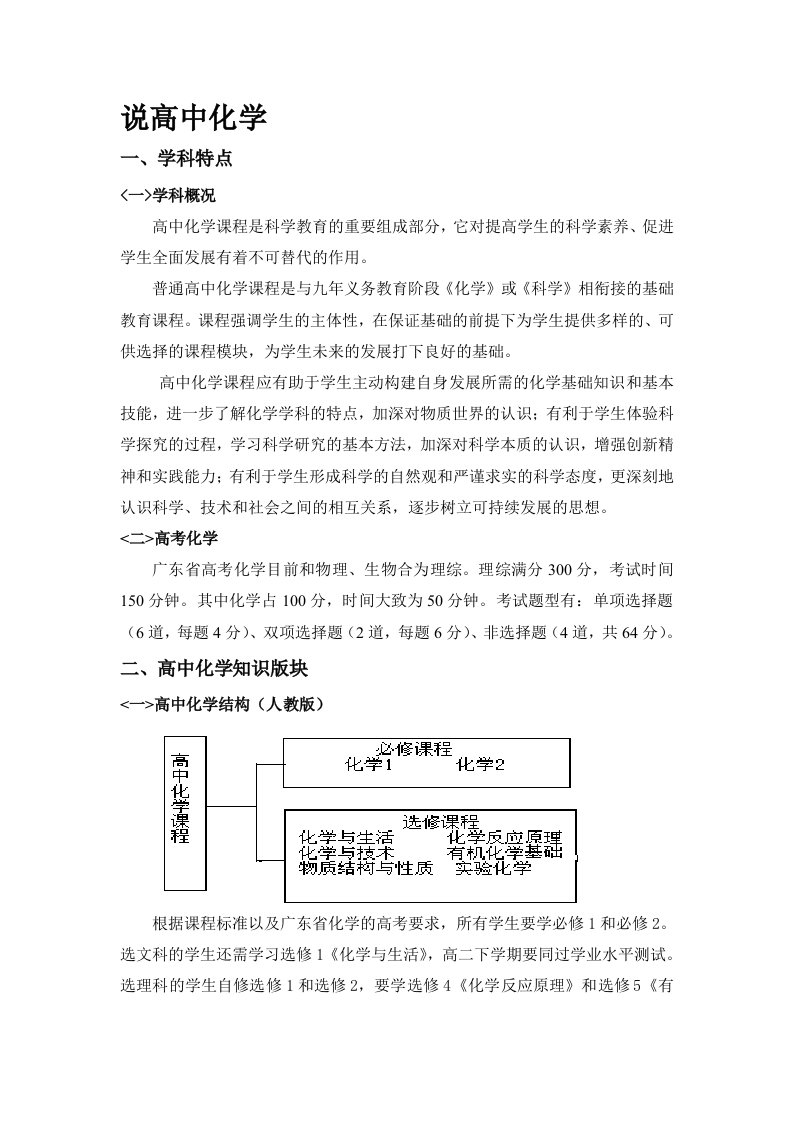 高中化学教材知识体系