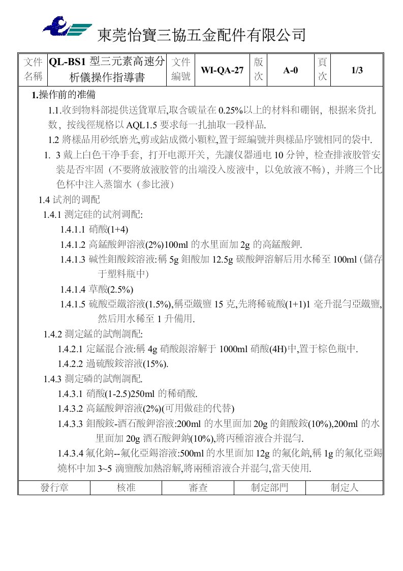 文件修補申請表取消WI-QA-27(QL-BS1型三元素高速分析儀操作指導書)-其它制度表格