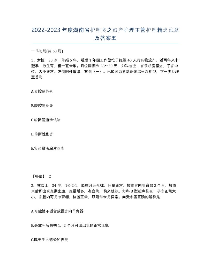 2022-2023年度湖南省护师类之妇产护理主管护师试题及答案五