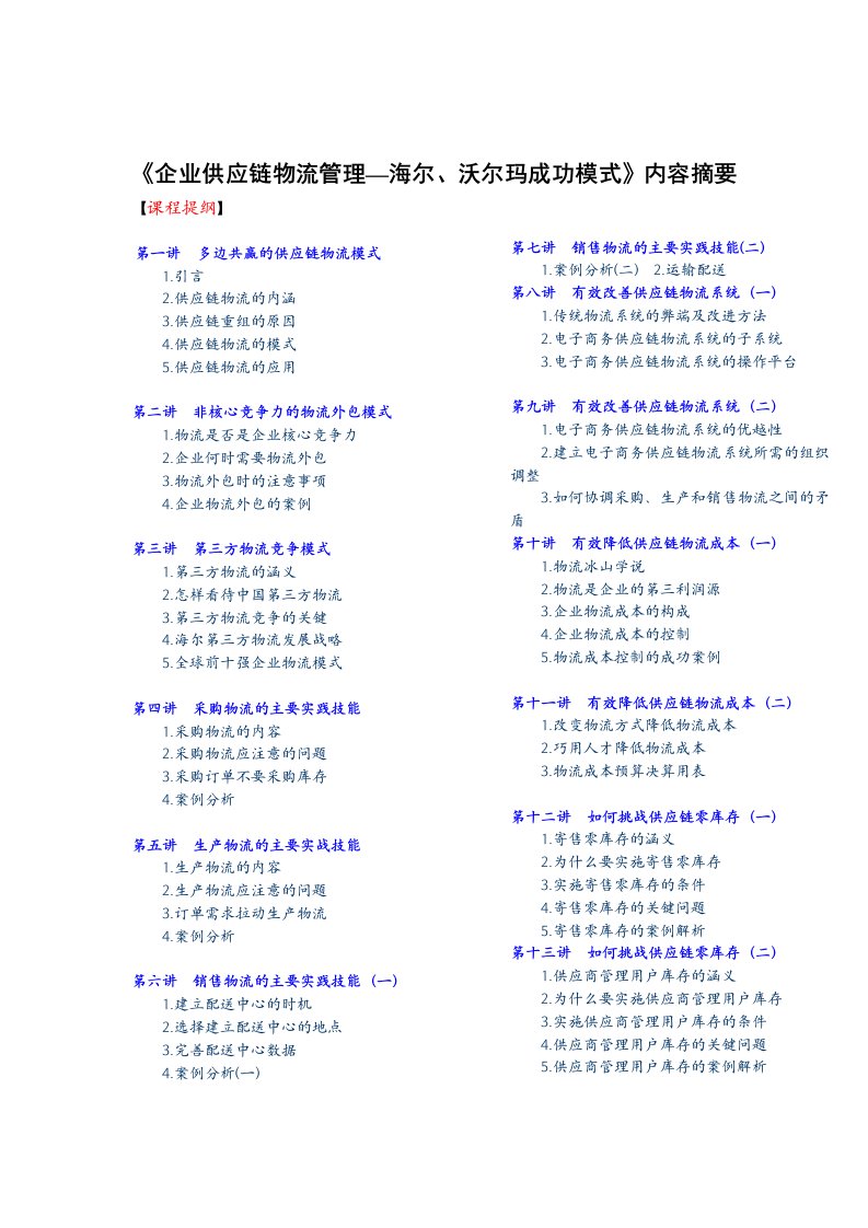 《企业供应链物流管理-海尔、沃尔玛成功模式》内容摘要