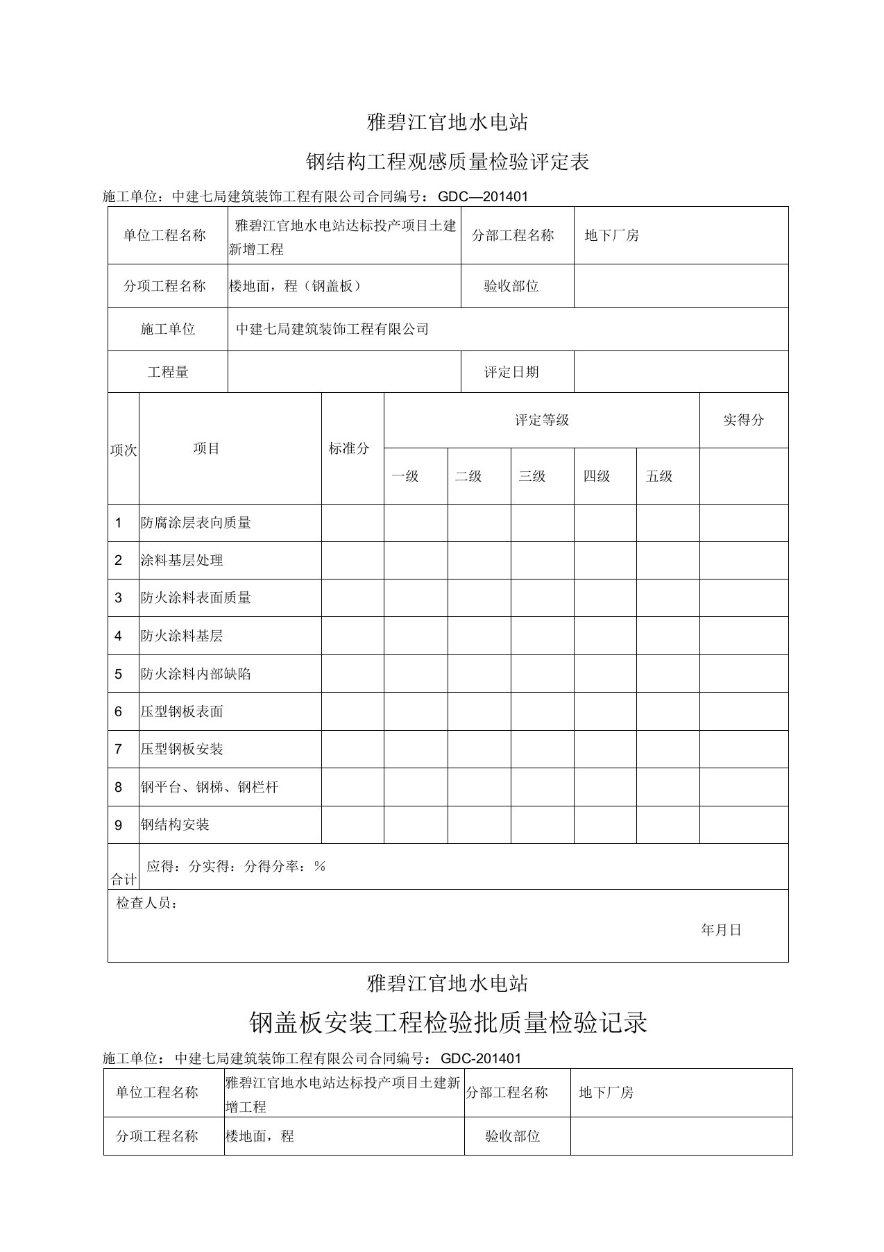 钢盖板安装工程检验批质量验收记录表