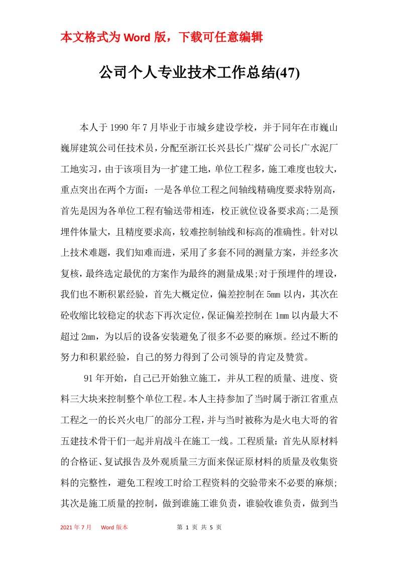 公司个人专业技术工作总结47