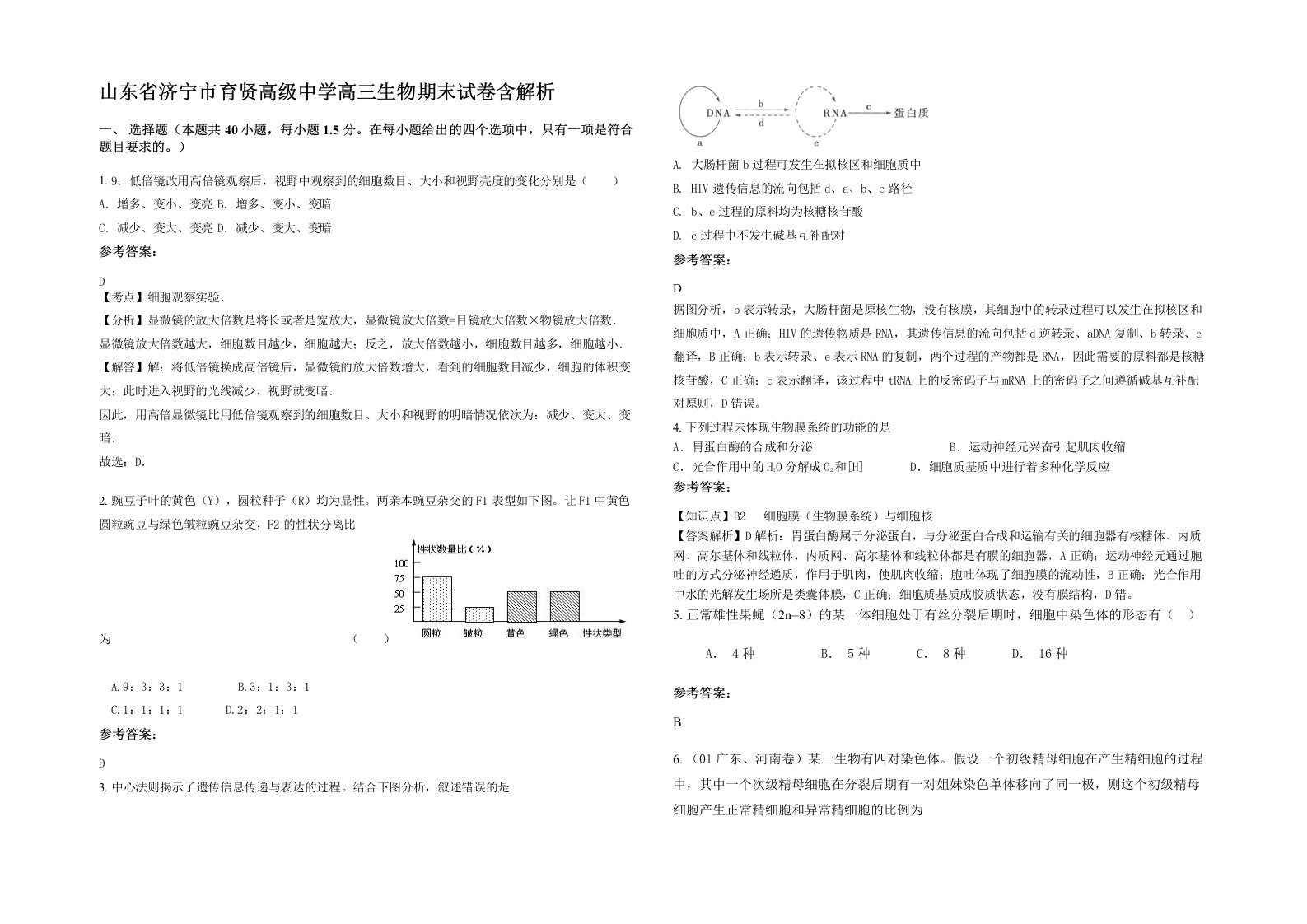 山东省济宁市育贤高级中学高三生物期末试卷含解析