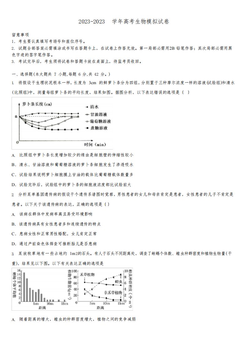 2023学年湖南省常德市高三最后一模生物试题含解析