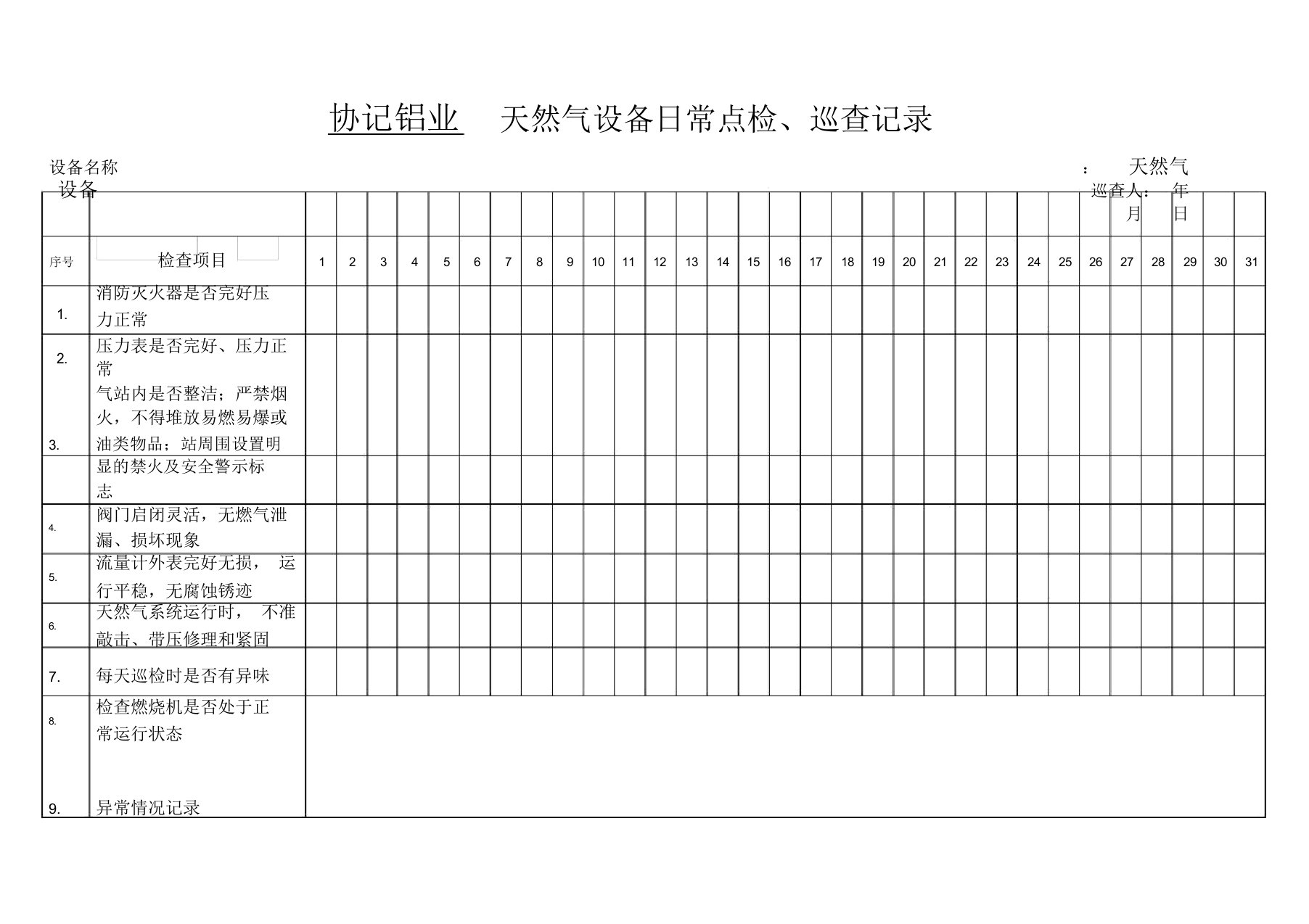 天然气设备日常点检、巡查记录