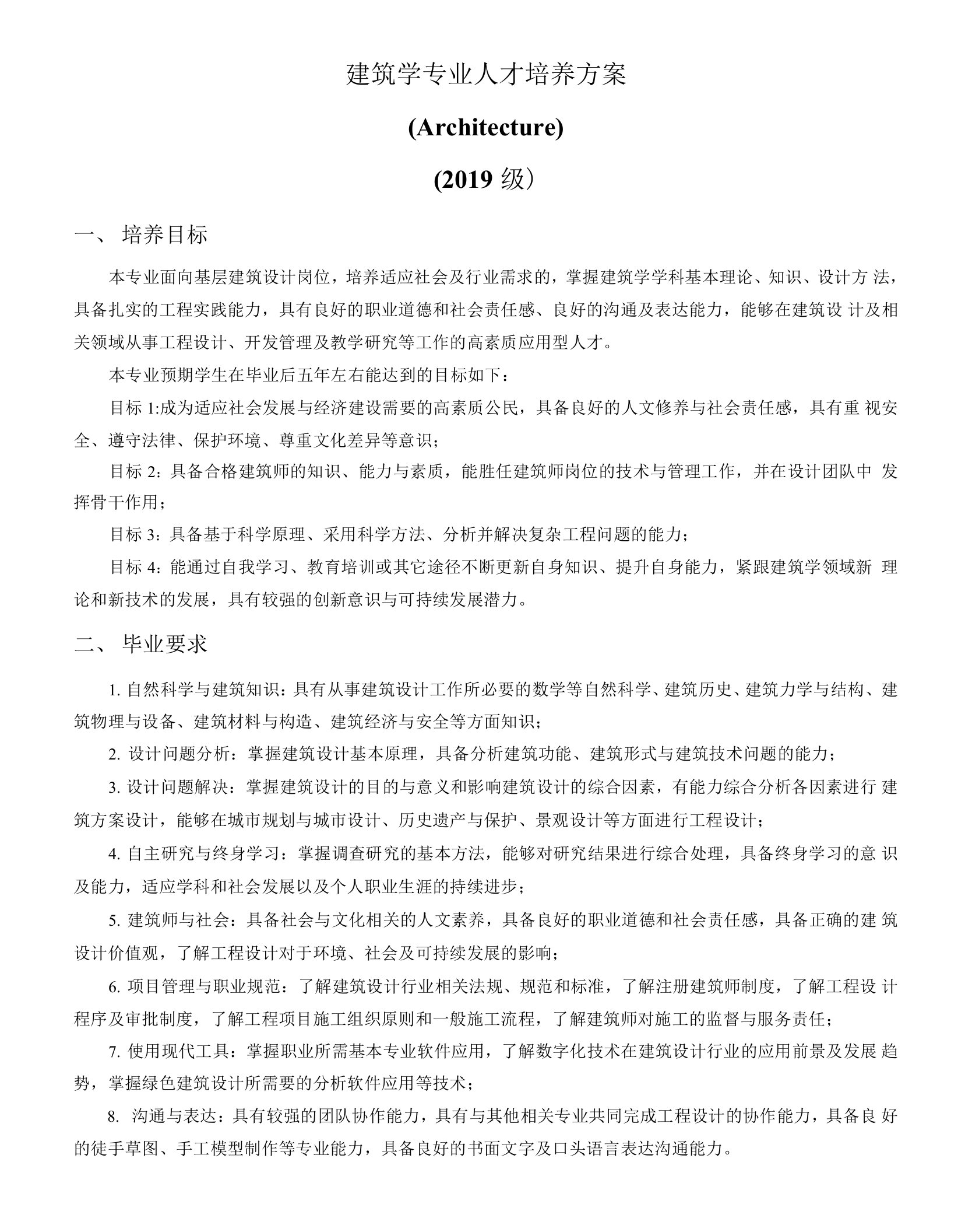 建筑学专业人才培养方案