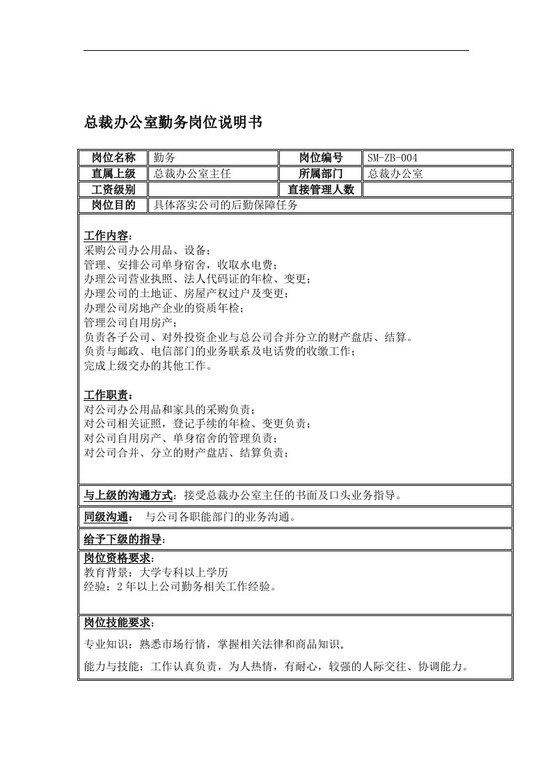 【管理精品】总裁办公室勤务岗位说明书