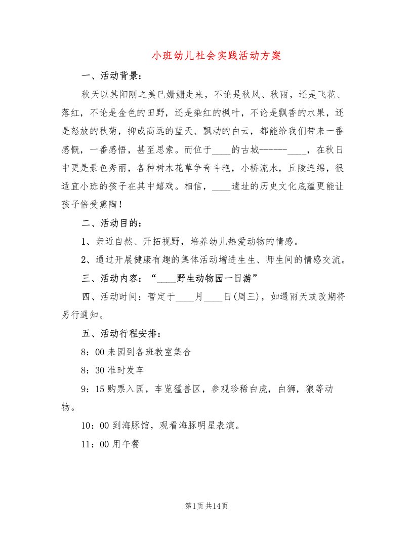 小班幼儿社会实践活动方案（2篇）