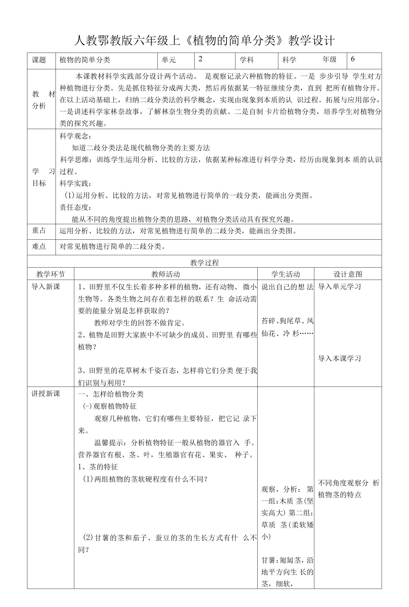 2-4《植物的简单分类》教案