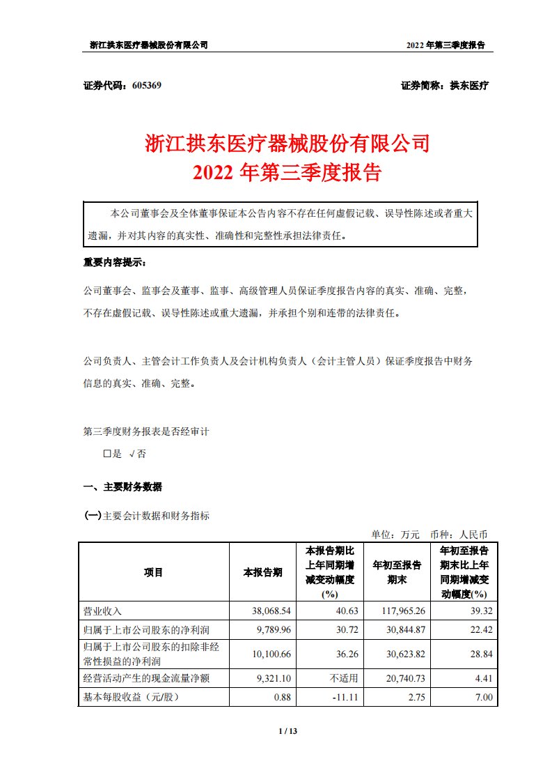 上交所-拱东医疗：2022年第三季度报告-20221027