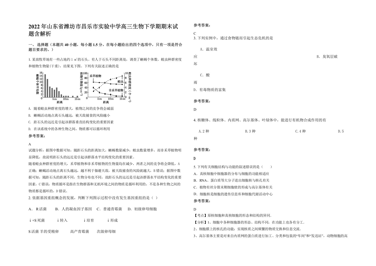 2022年山东省潍坊市昌乐市实验中学高三生物下学期期末试题含解析