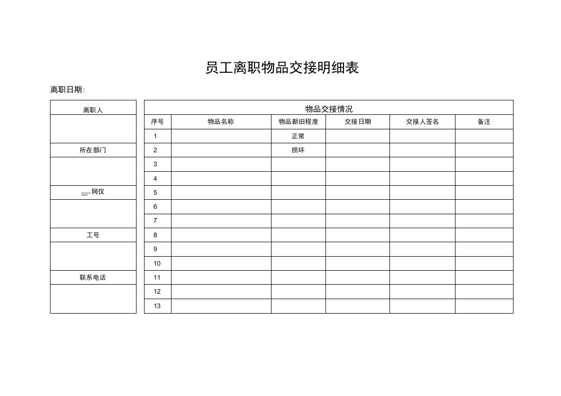 行政表格员工离职工作物品交接表