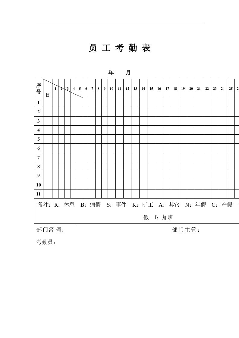 星级酒店员工考勤表