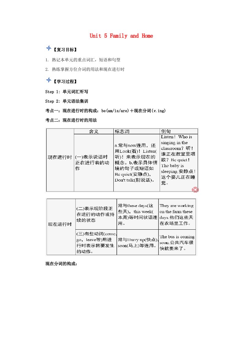 2018年秋季七年级英语上册Unit5FamilyandHome复习导学案无答案新版冀教版