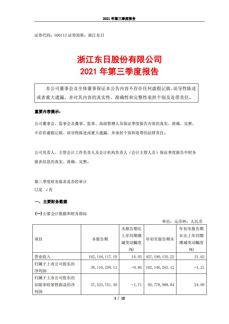 上交所-浙江东日股份有限公司2021年第三季度报告-20211029