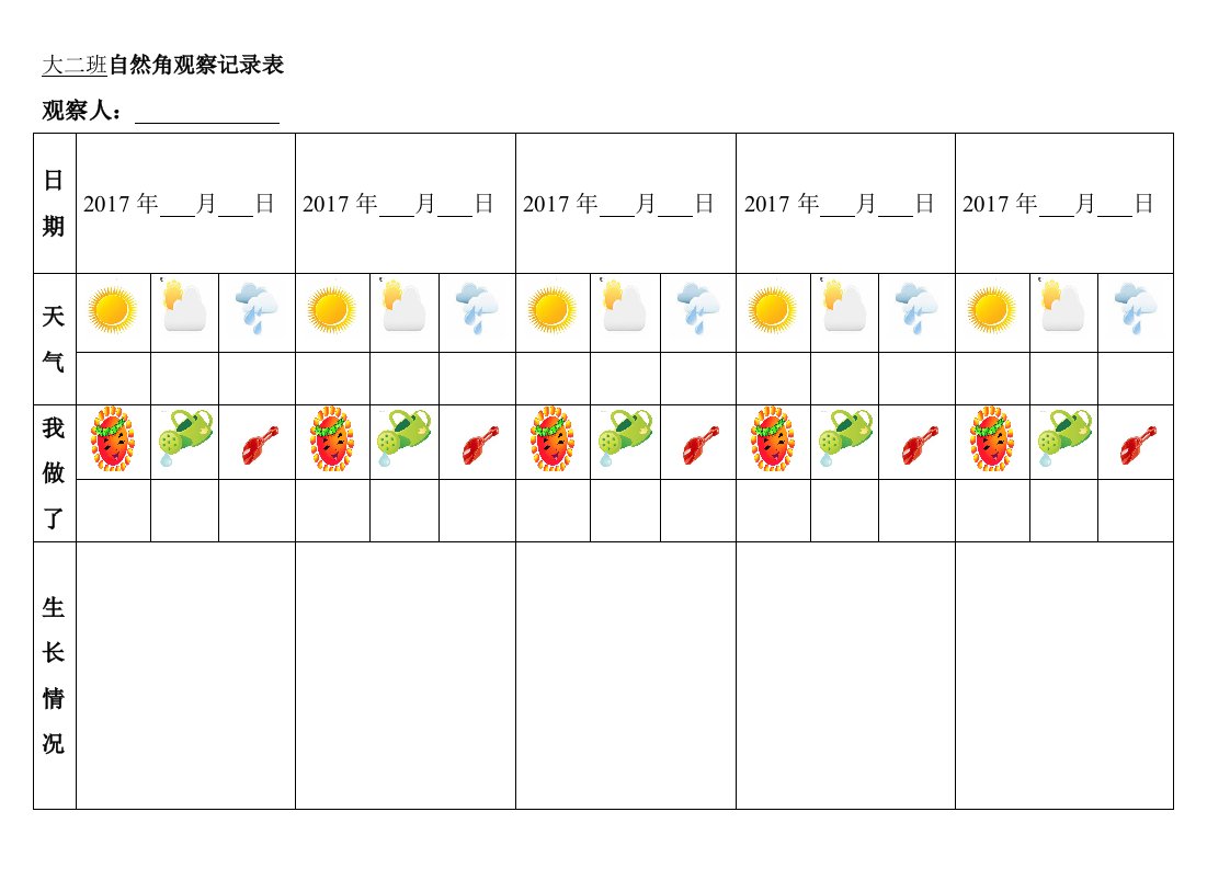 幼儿园大班幼儿自然角观察记录表(表格)