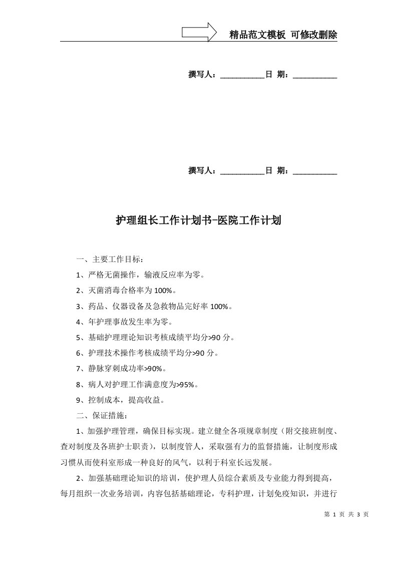 护理组长工作计划书-医院工作计划