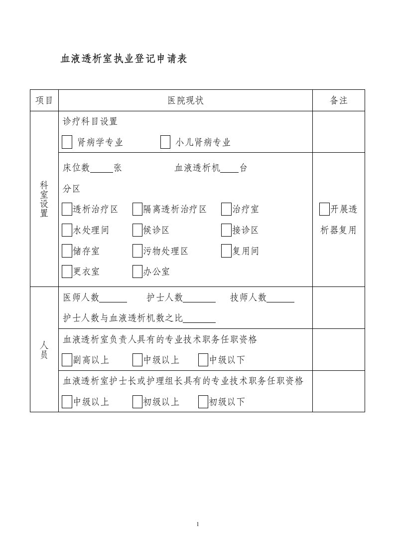 血液透析室执业登记申请表