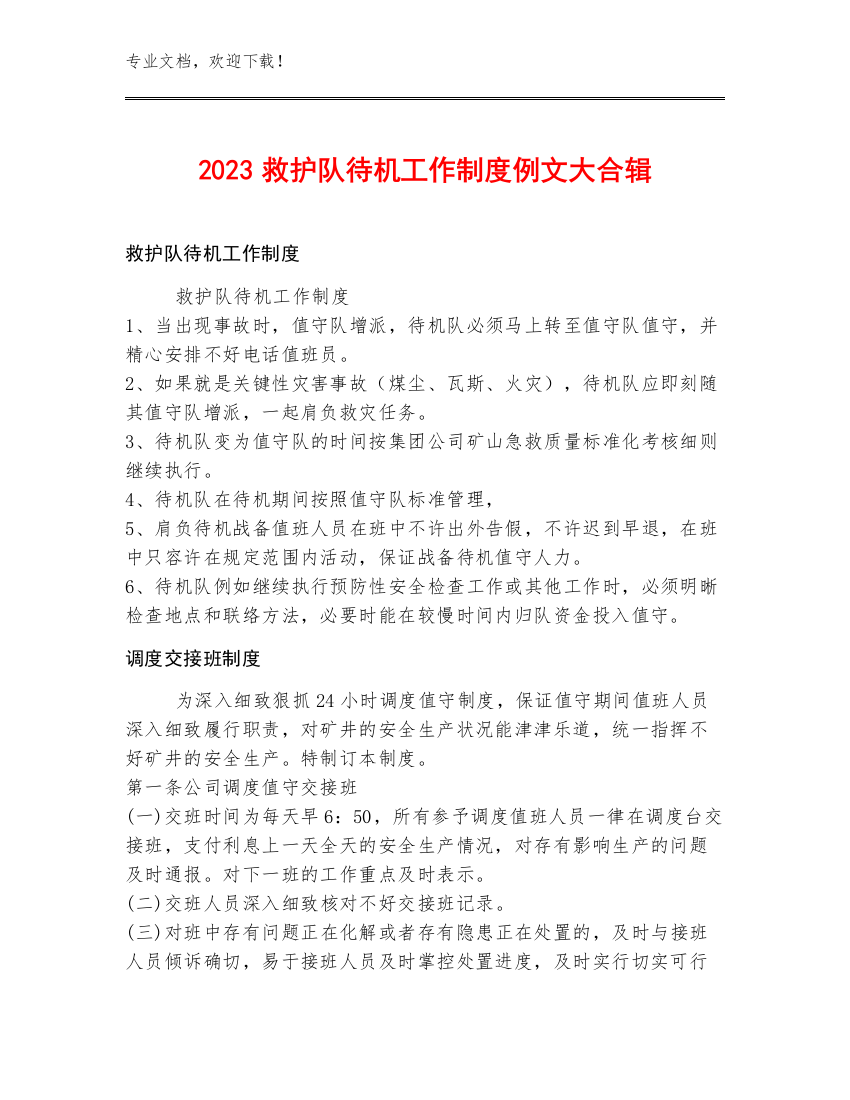 2023救护队待机工作制度例文大合辑