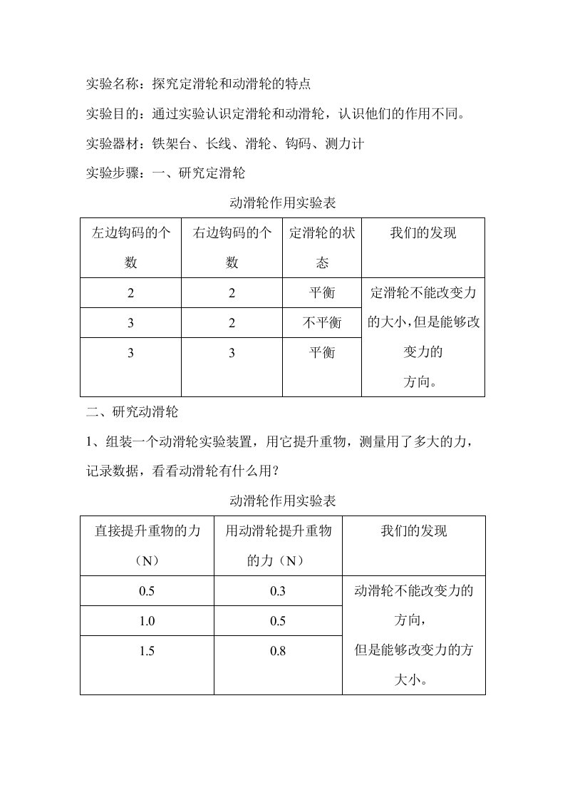 《定滑轮和动滑轮》实验报告