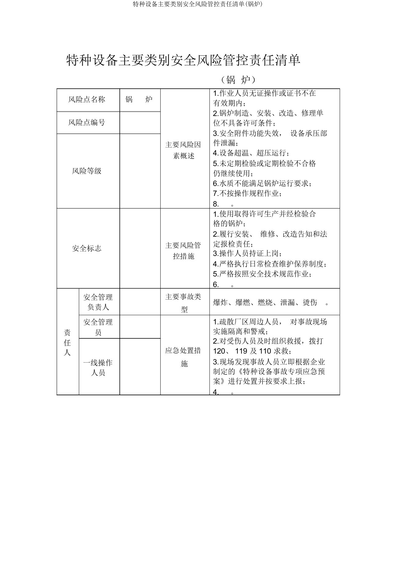 特种设备主要类别安全风险管控责任清单(锅炉)