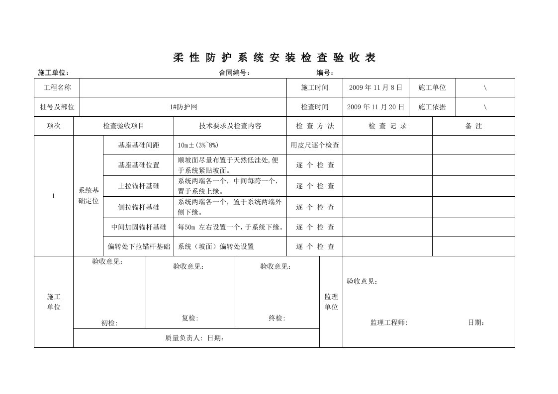 被动防护网安装验收记录