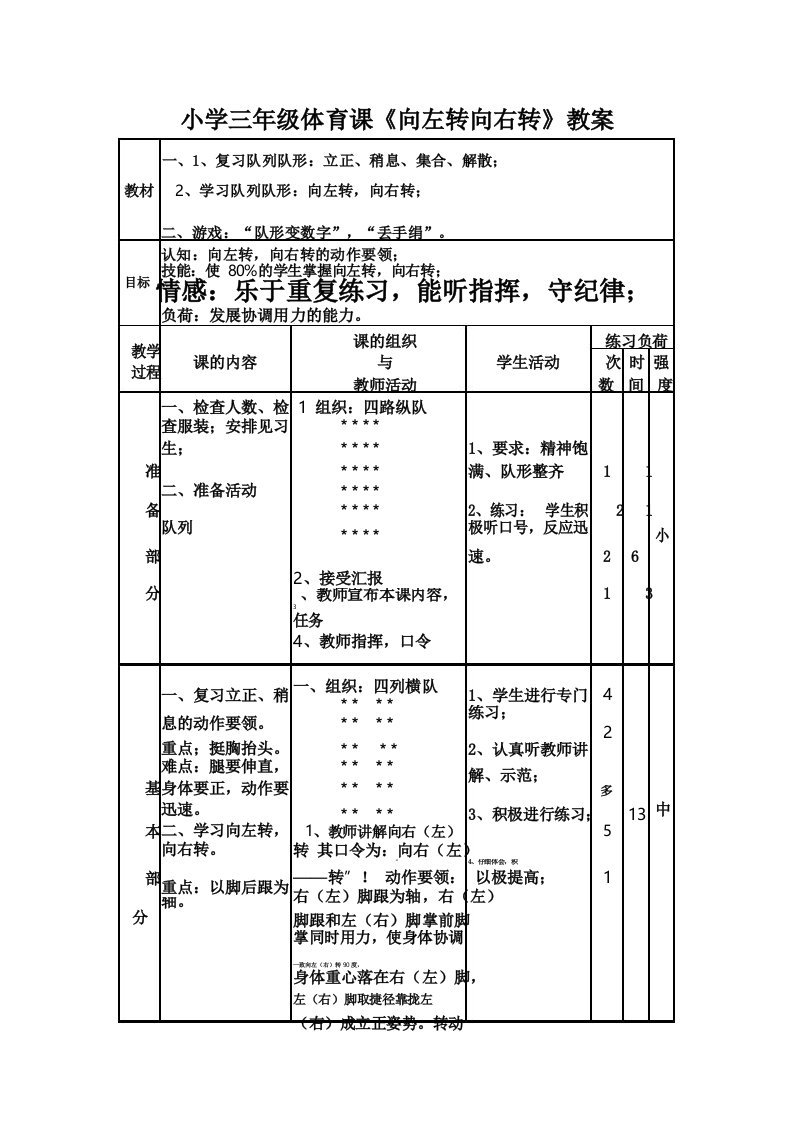 小学三年级体育课《向左转向右转》教案