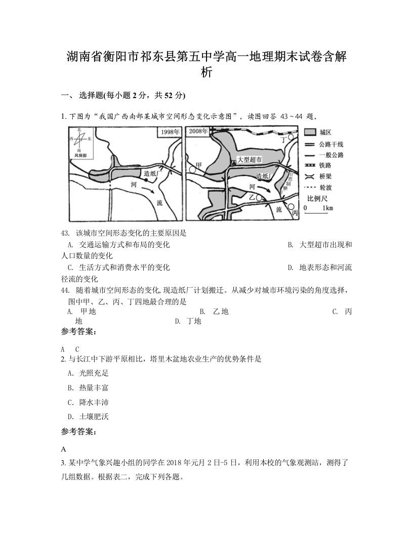 湖南省衡阳市祁东县第五中学高一地理期末试卷含解析