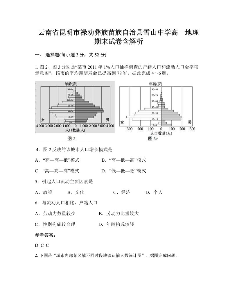 云南省昆明市禄劝彝族苗族自治县雪山中学高一地理期末试卷含解析