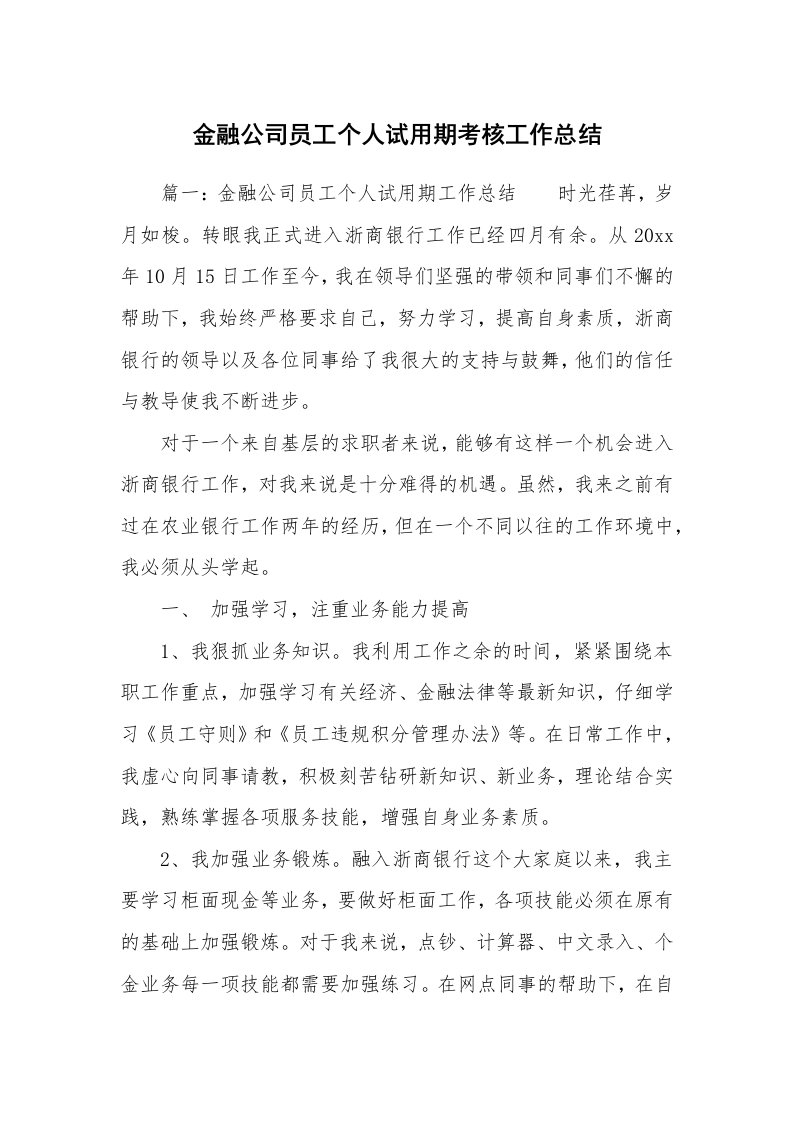 金融公司员工个人试用期考核工作总结