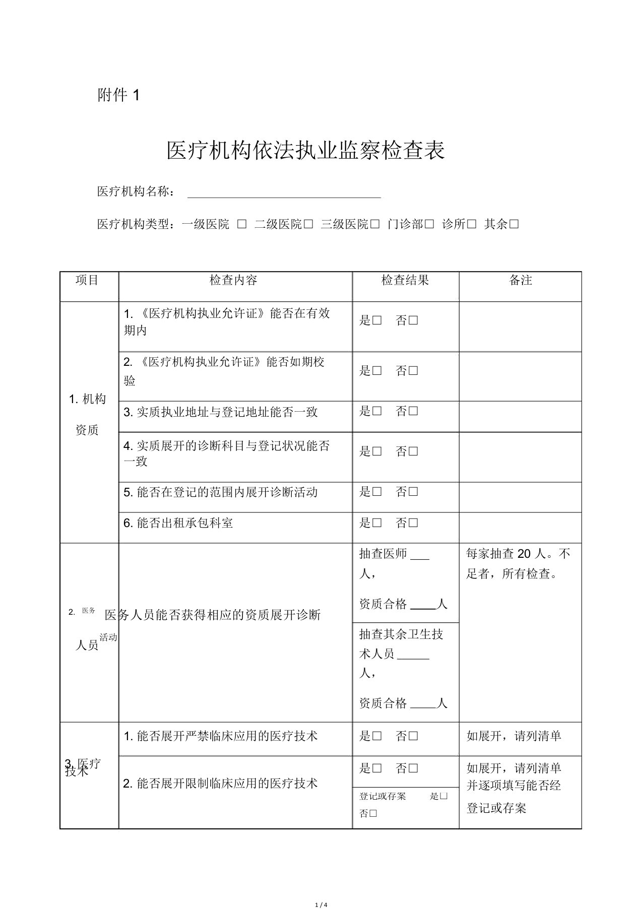 医疗机构依法执业监督检查表