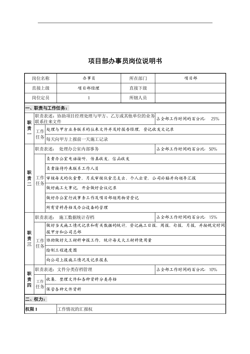 创新港湾工程公司项目部办事员岗位说明书