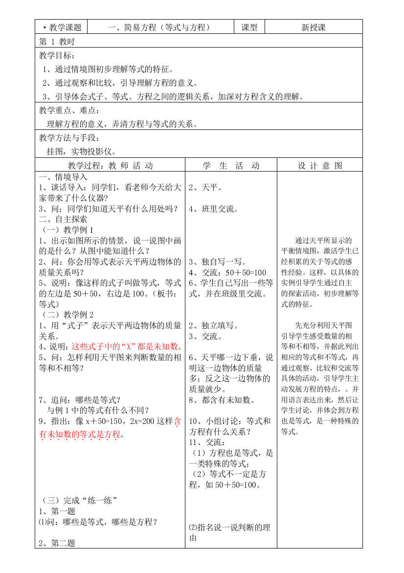 新苏教版五年级下册简易方程教案