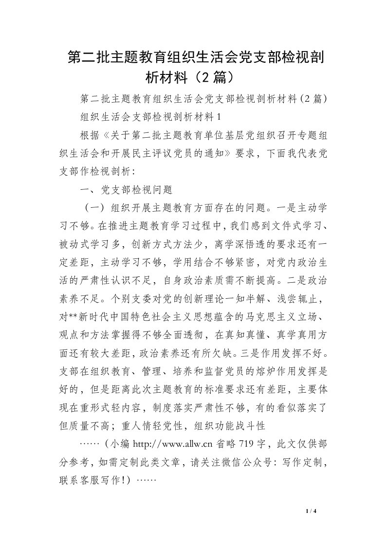 第二批主题教育组织生活会党支部检视剖析材料（2篇）