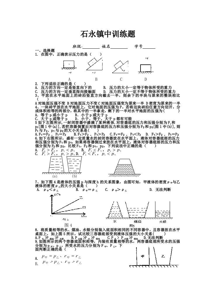 石永镇中初三压强训练题