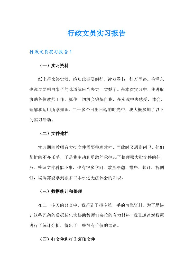 【精选模板】行政文员实习报告