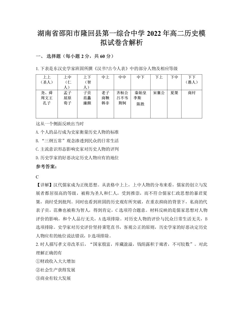 湖南省邵阳市隆回县第一综合中学2022年高二历史模拟试卷含解析