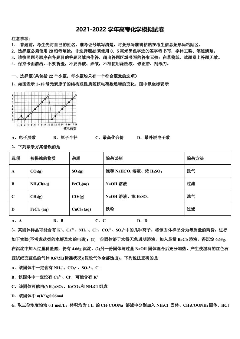 2021-2022学年湖南省A佳教育大联盟高三下学期第五次调研考试化学试题含解析