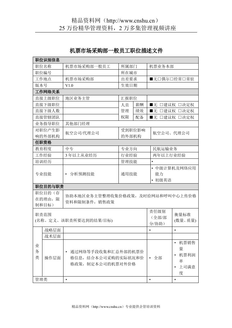 机票市场采购部一般员工岗位说明书