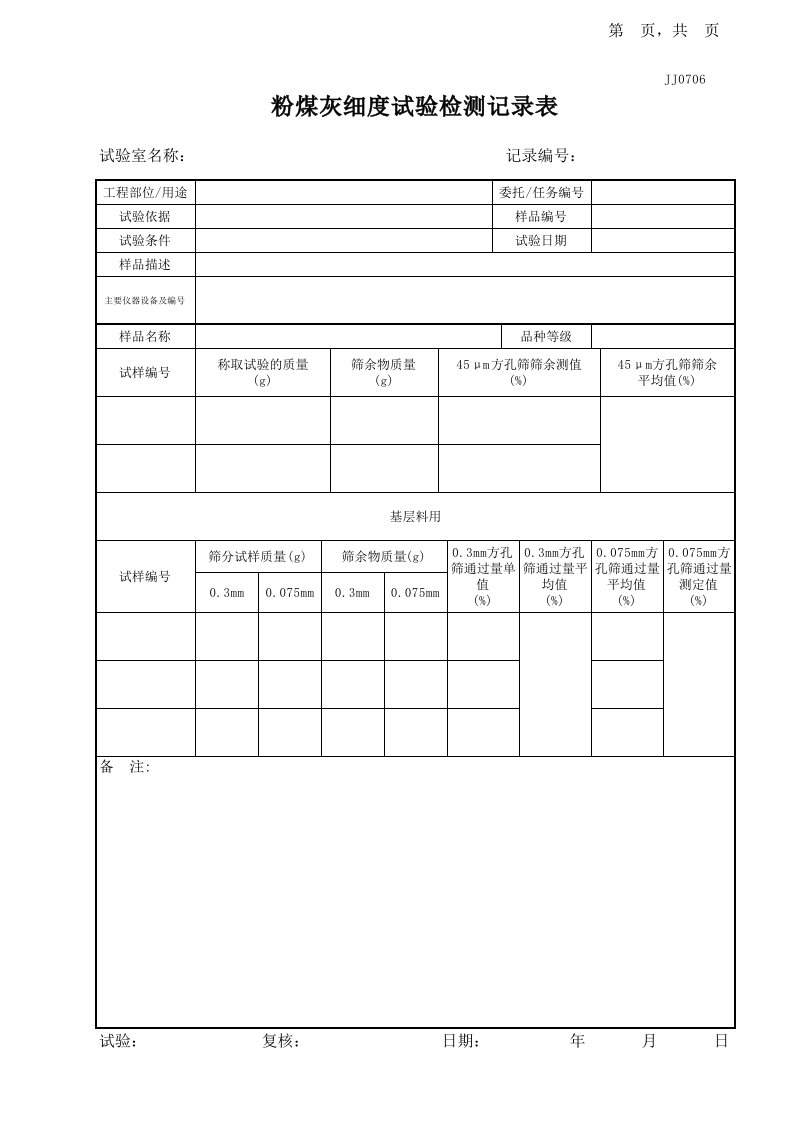 05粉煤灰细度试验记录表