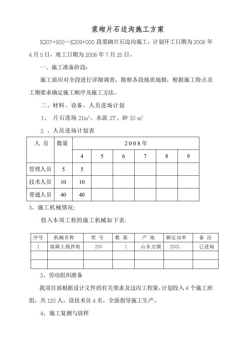 浆砌片石边沟分项开工报告