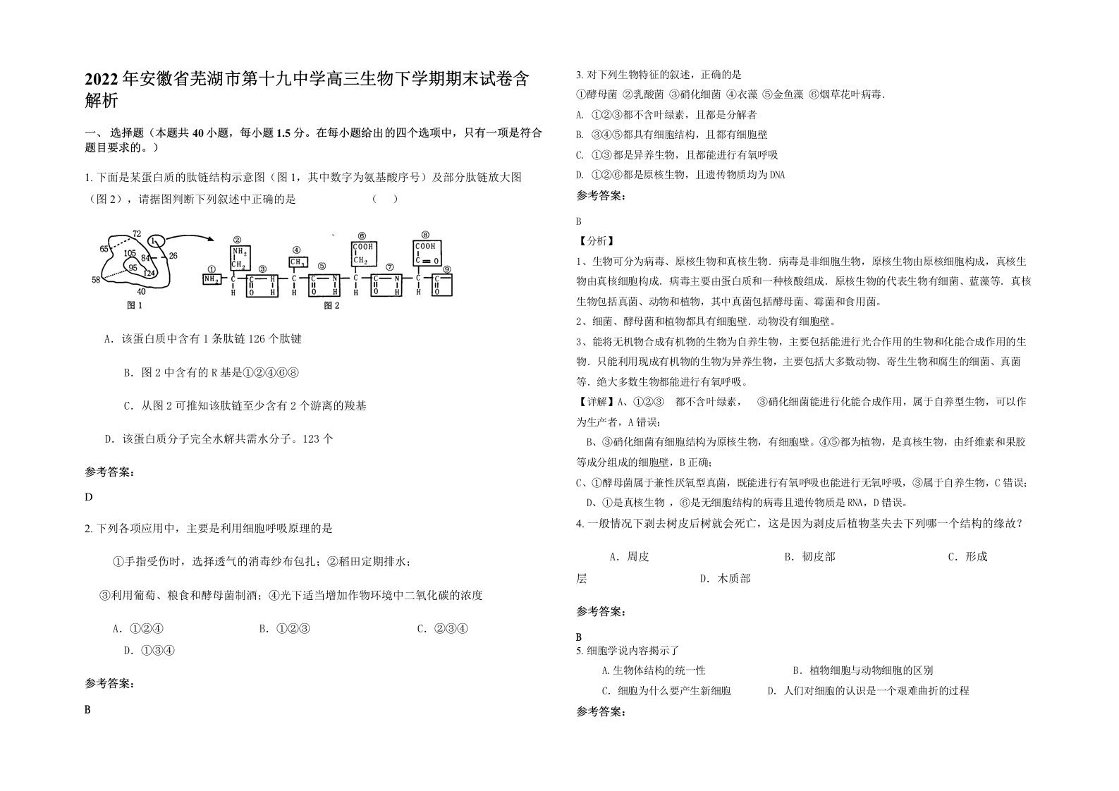 2022年安徽省芜湖市第十九中学高三生物下学期期末试卷含解析