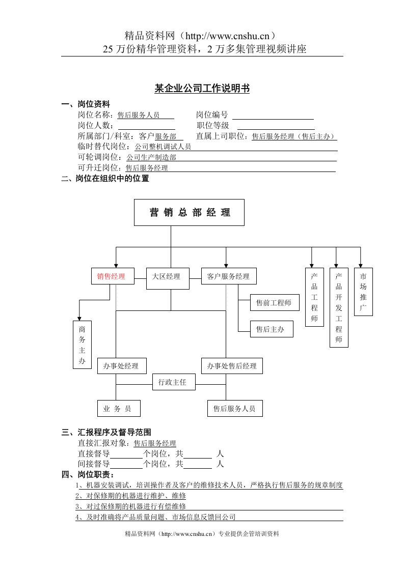 工作说明书-售后服务人员