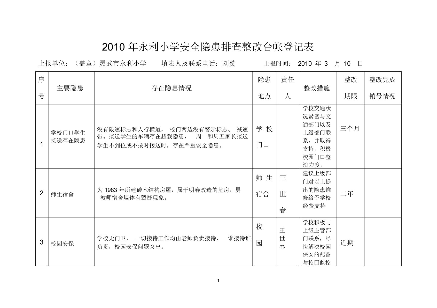 学校安全隐患排查台账