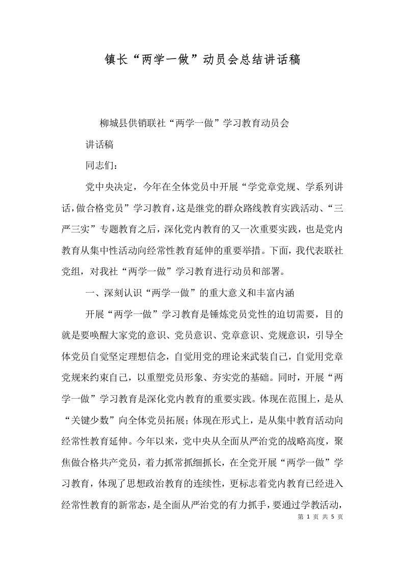 镇长两学一做动员会总结讲话稿二